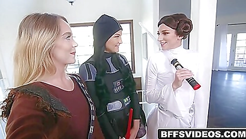 A group of hot blondes and a brunette are having threesome