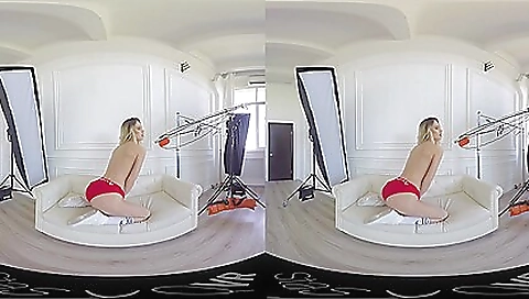 Sexy blonde lifeguard rides a male's cock in a vr porn scene