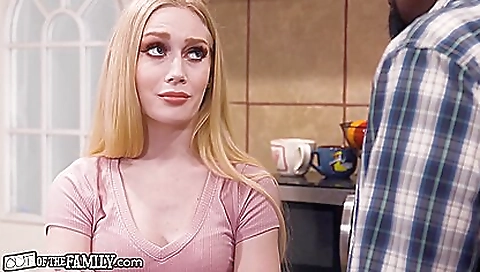 Blonde gets her big cock on her lips and then she sucks it