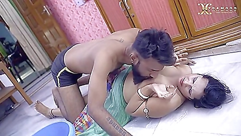 Big tits brunette maid in a dress takes off her clothes