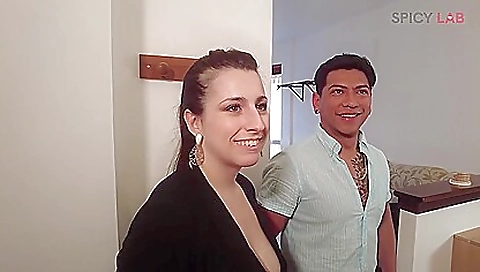 A milf in stockings gets fucked by two guys in a gangbang