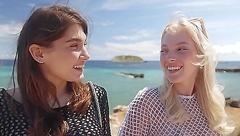 Big tits lesbian threesome in the backyard in public