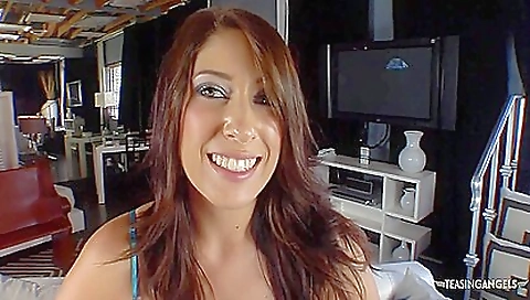 Stunning brunette teen in stockings with a sexy mouth