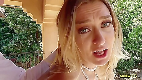 Blonde woman masturbates and gets her anus fucked outdoor